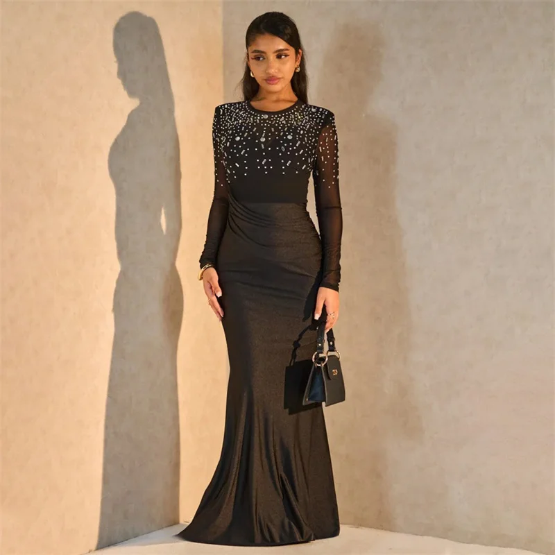 Women Long Sleeve Sexy See Through Mesh Patchwork Diamonds Maxi Evening Party Dresses Black Bodycon Rhinestone Night Club Dress