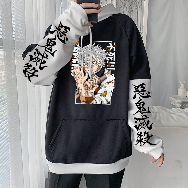 Japanese Anime Demon Slayer Shinazugawa Sanemi Hoodies Manga Harajuku Pullover Plus Size Men Patchwork Winter Hooded Sweatshirts