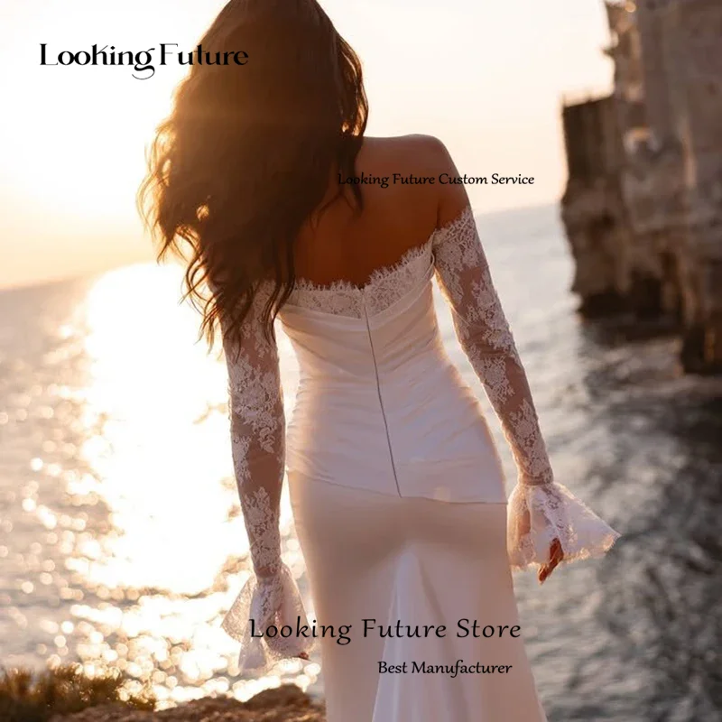 Robes de mariée sirène de plage en Satin, simples, épaules dénudées, dentelle plissée, manches longues, modernes, sans bretelles, dos ouvert