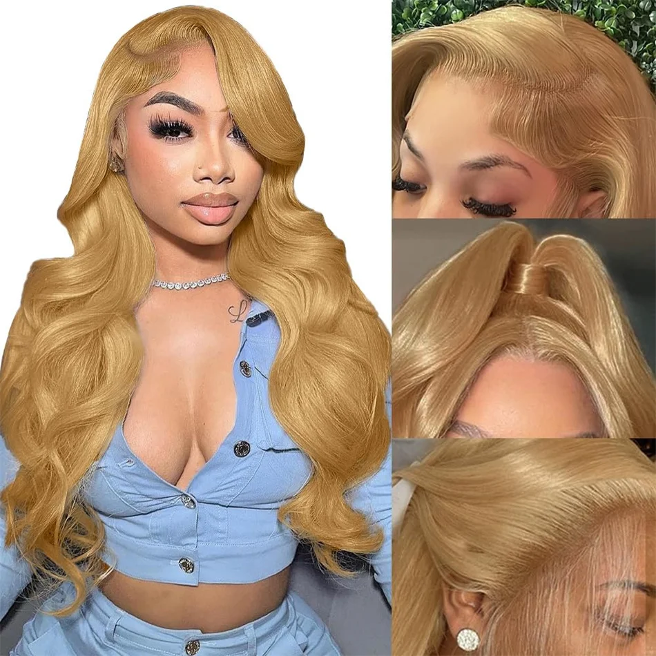 

34 Inch 13x4 Transparent Honey Blonde Lace Front Wigs 27# Colored Straight Lace Front Human Hair Wigs Body Wave Human Hair Wigs