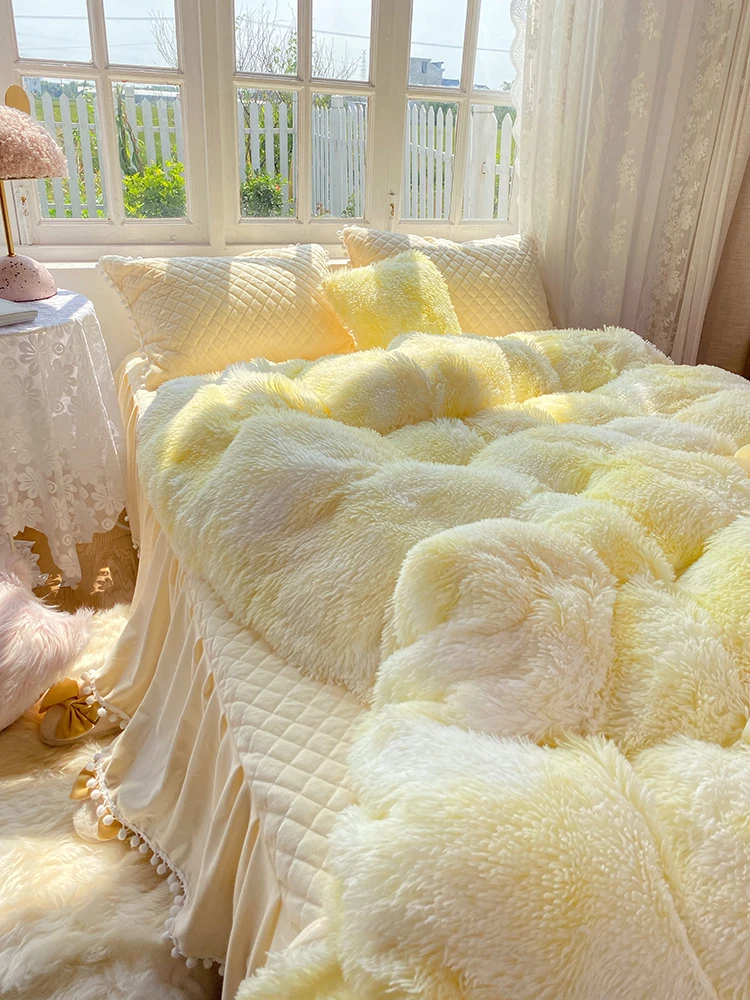 Thiened Long Plu Quilt Set Fi Dr Winter Warm Four-Piece Set Yellow And White adient Color Bed Skirt Cotton Sandwich