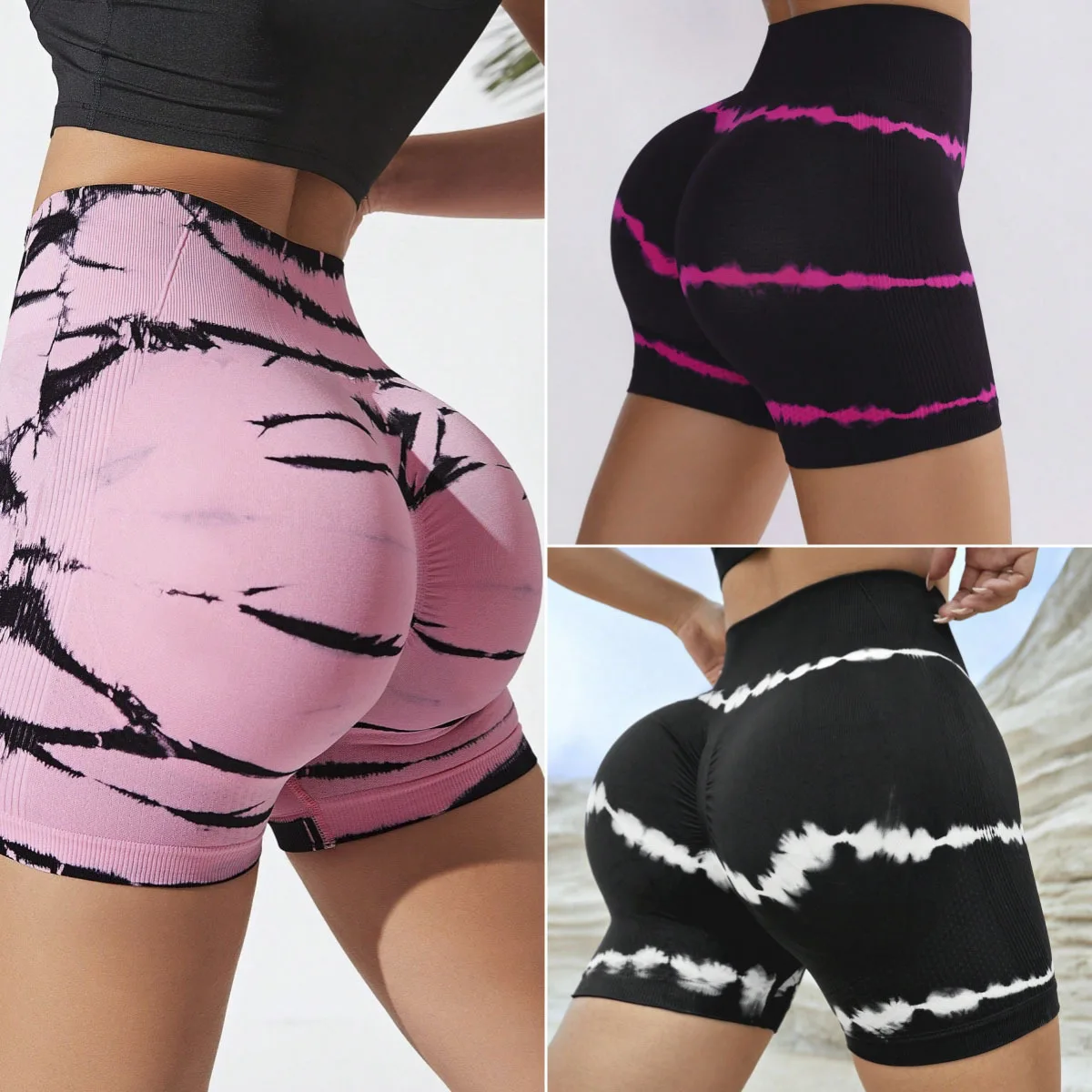 New Sports Tie Dye Yoga Shorts Running Knitted Fitness Pants Tight Short Leggings Training Running Workout Scrunch Shorts Women