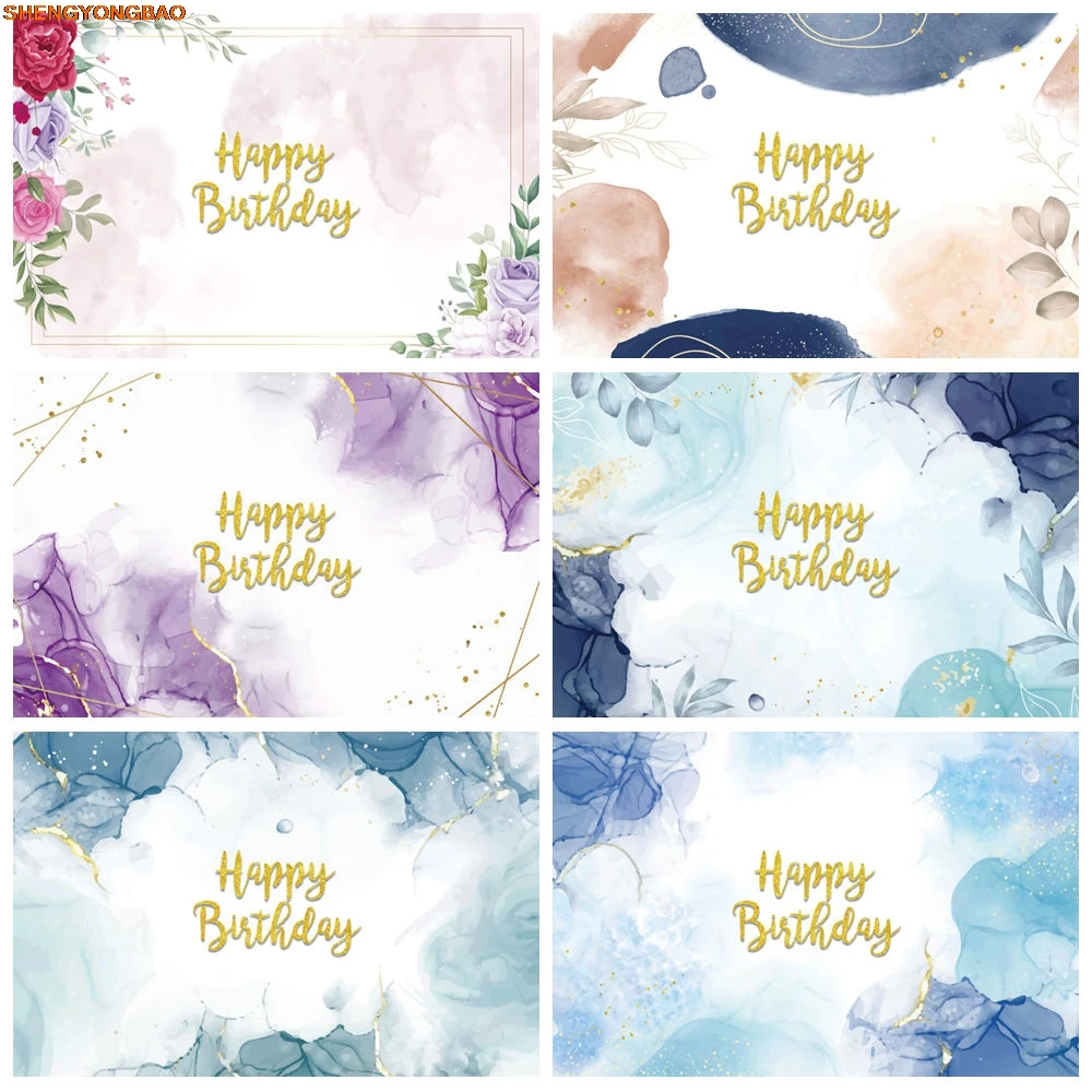 

Custom Name Happy Birthday Marble Texture Banner Banckground Gold Lines Leave Rose Children Baby Studio Photography Sets