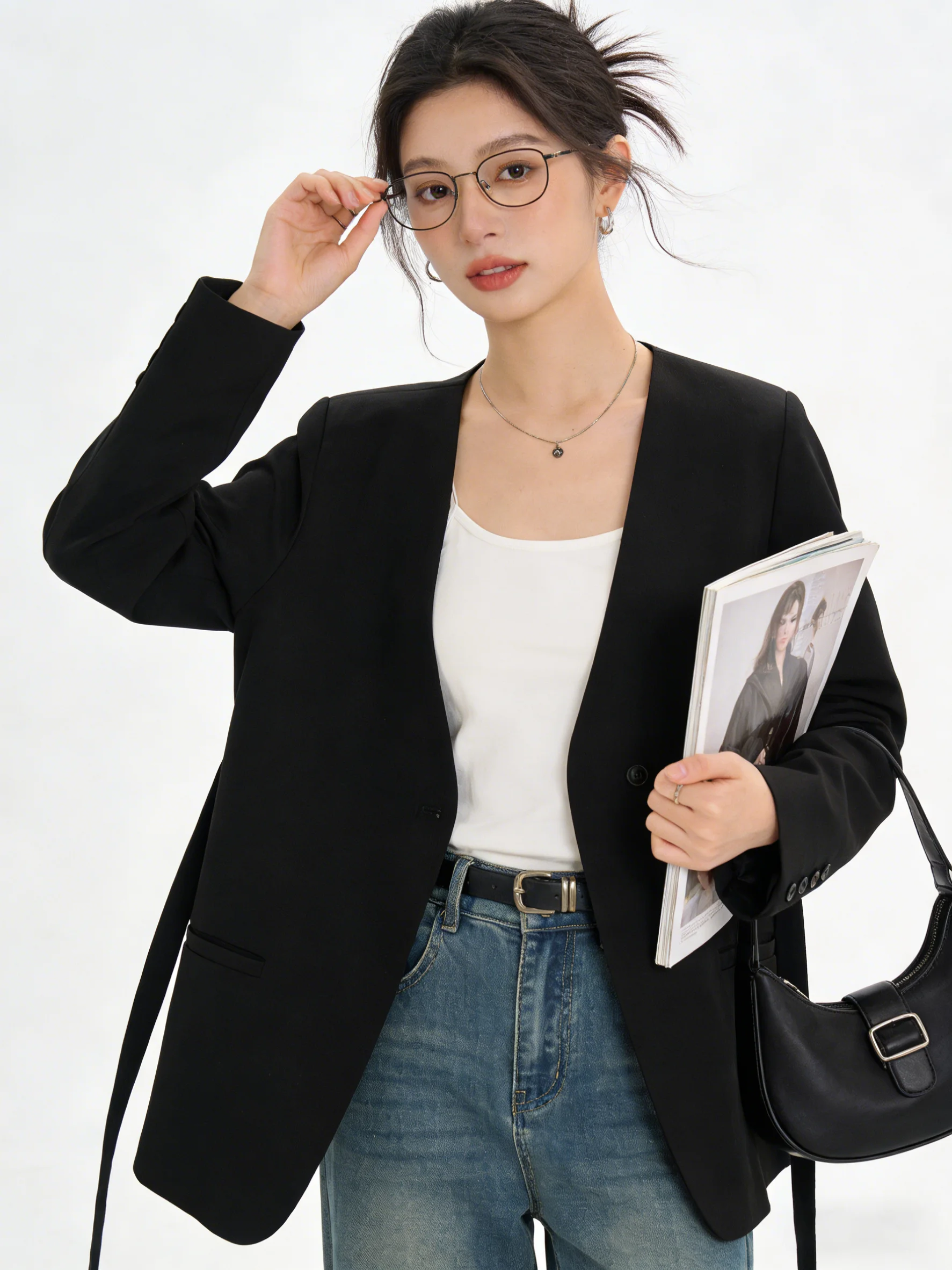 

Elegant Simple Luxury V-Neck Business Jacket Spring Commute Style Midi Length Casual Women's Suit Coat Korean Version