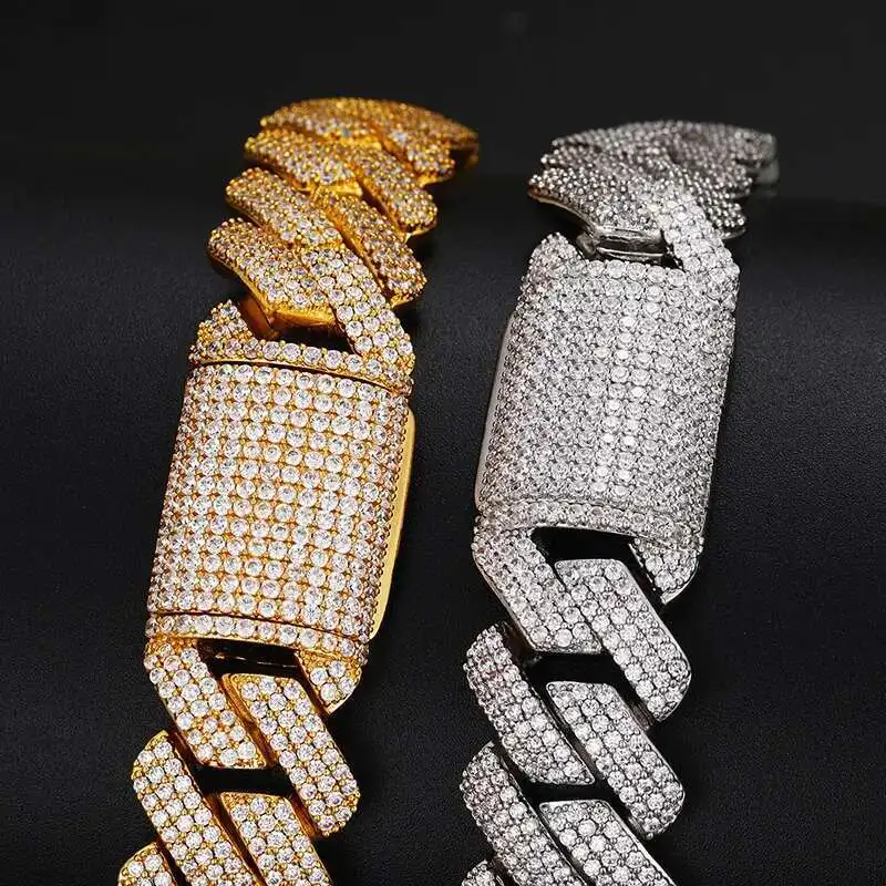 

Popular Gold Filled 24K Gold Plated 925 Sterling Silver Iced Out Micro Pave 3 Rows VVS Moissanite Cuban Link Chain Necklace