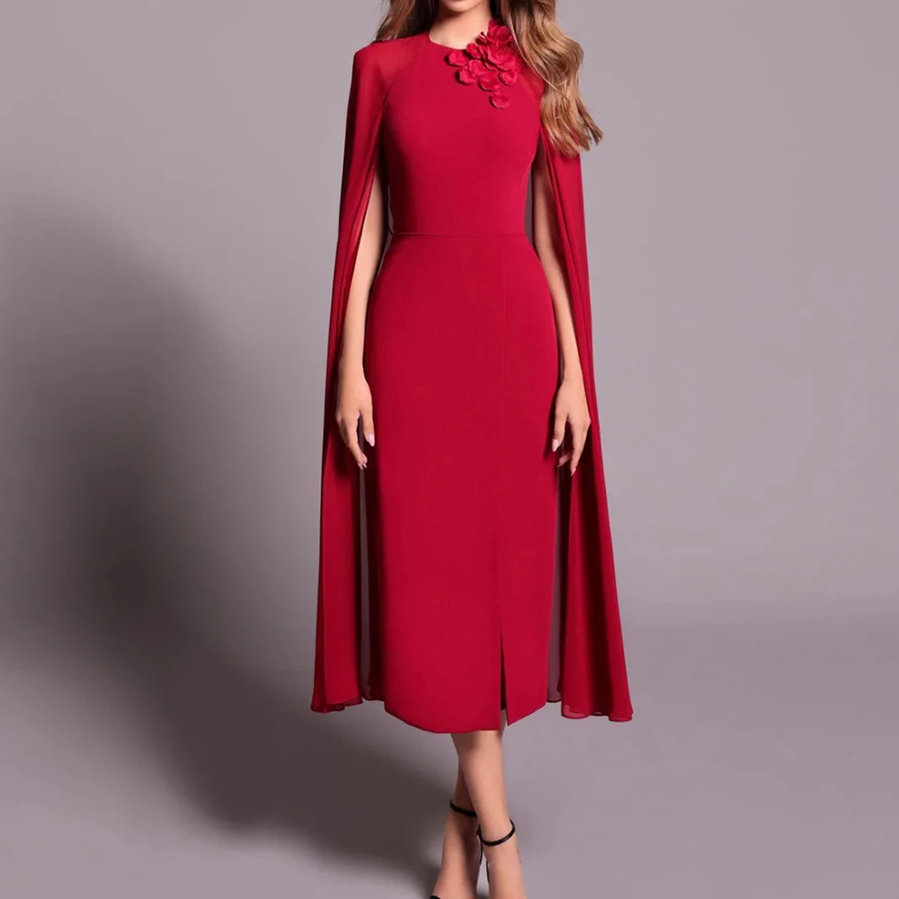 

Customized Straight Evening Dresses Tea-length O-neck Sleeveless Prom Gown Fashion Flowers Simple Stole Draped Casual Party Gown