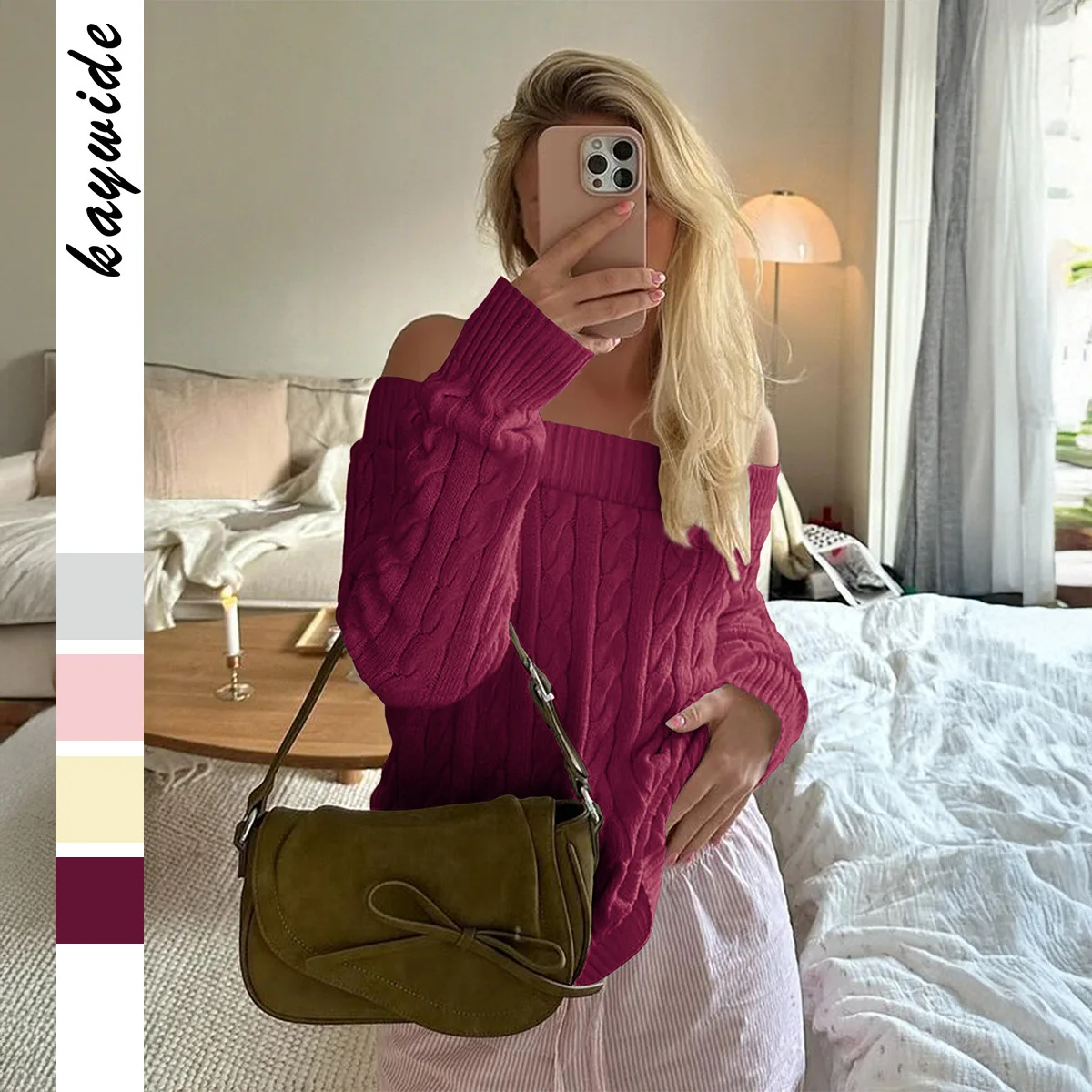 

New Fashionable Backless Knitted Sweater Women Spring Sexy And Elegant Solid Color One-line Collar Long-sleeved Top For Women