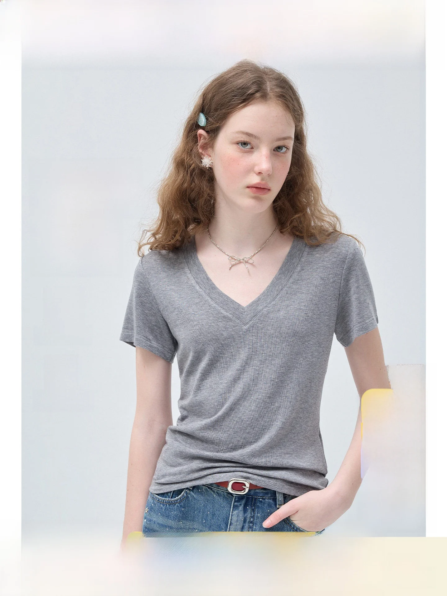 

plus Size Women's V-Neck Short Sleeve T-Shirt Silk Wool Slim Fit Summer Top Shoulder Width Regular Length Casual Wear