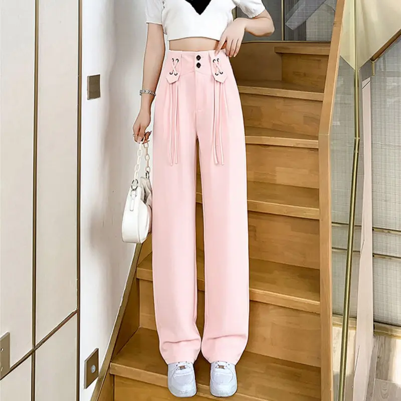 Fashion Elastic Lace Up Folds Solid Color Straight Casual Pants Female Clothing 2024 Summer Loose Korean High Waist Trousers