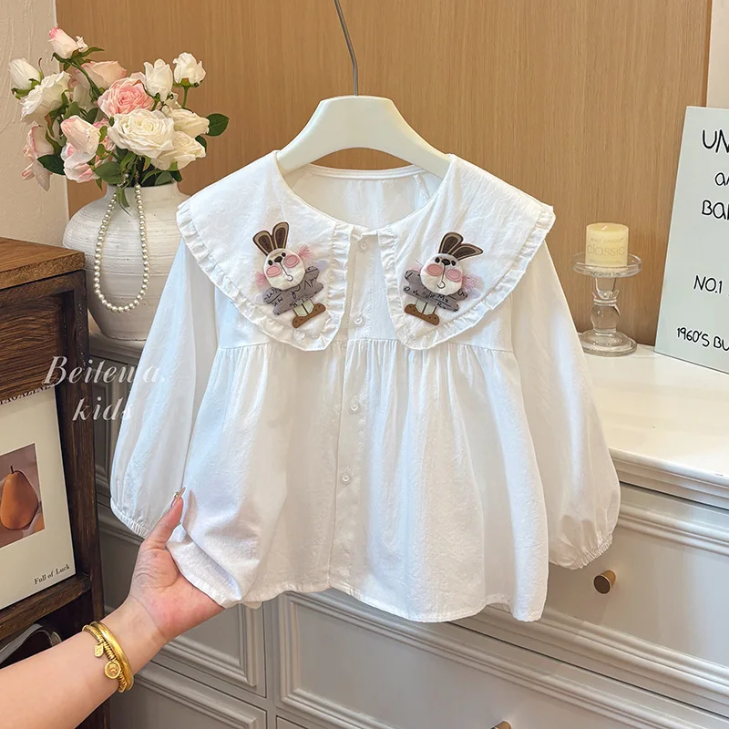 Girls Casual Shirt Cotton Blouse Rabbit Collar Long Sleeves Button Front Kids Fashion Clothing