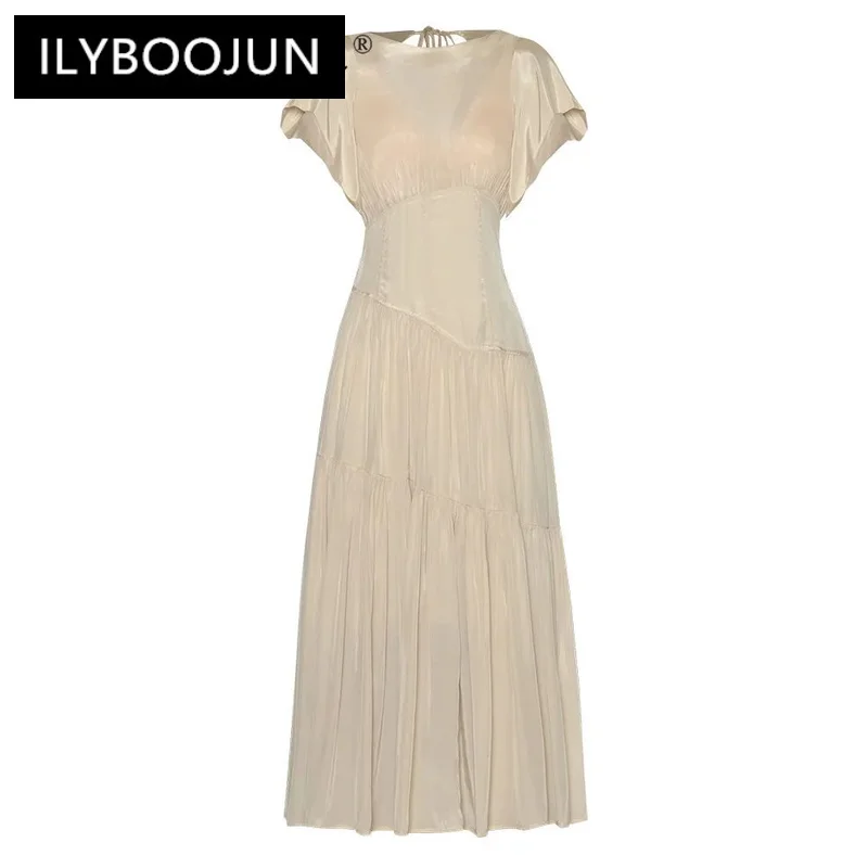 

ILYBOOJUN Summer High Quality New Arrivals Women Dress Elegant Temperament Petal Sleeve Solid Color Ruched Patchwork Dresses