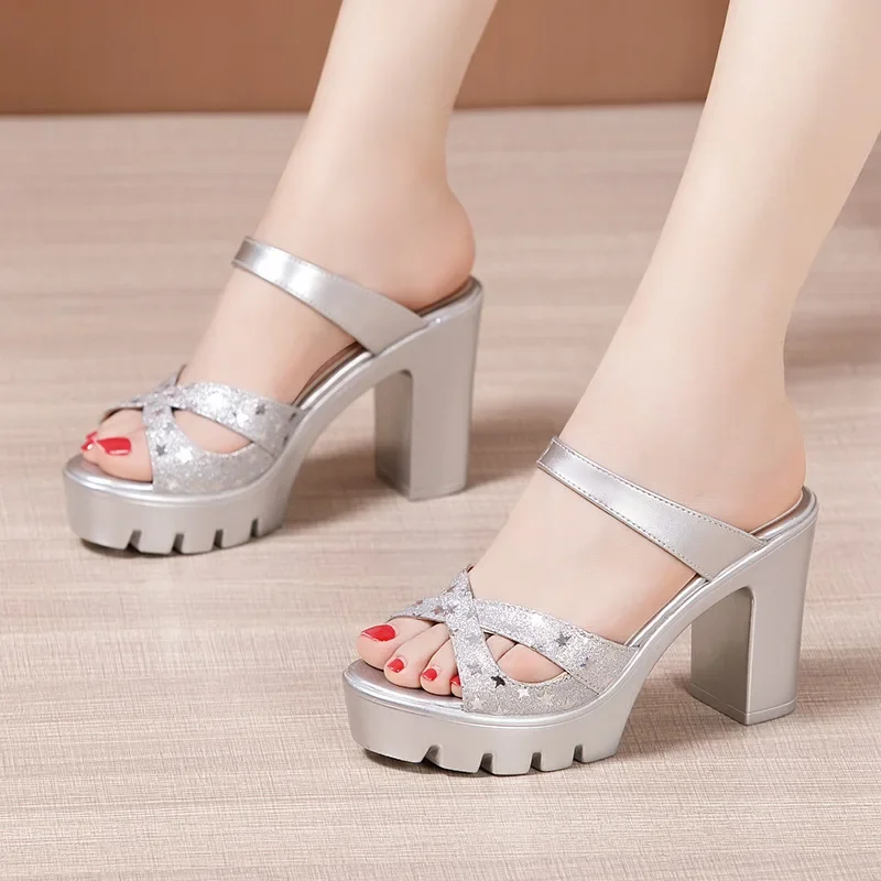 Plus Size 32-43 Block Size Platform Slippers Women Shoes 2024 Summer High Heels Slides Ladies Star Bling Slippers Wedding Shoes