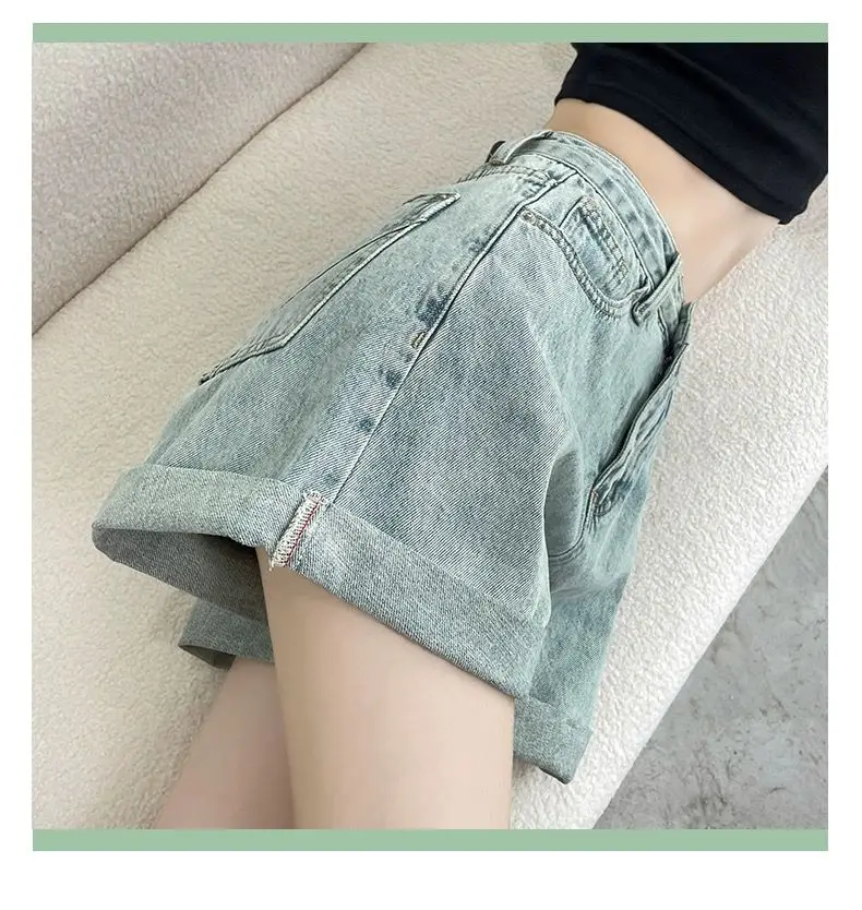 女性のための古いレトロなデニムショートパンツ薄いホットガールズワイドレッグハイウエストストレートAライン