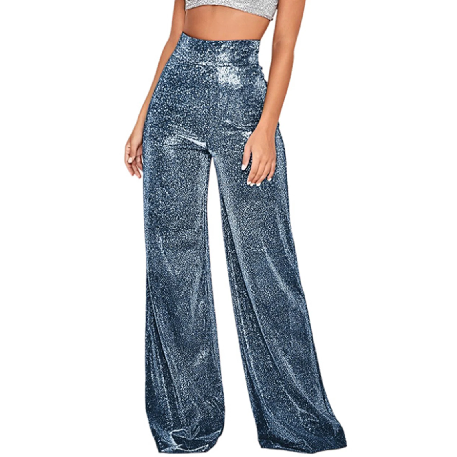 Autumn New Women's Metallic Sparkly Silk Stretch Waist Wide-Leg Pants for Woman Fashion Vintage Dark Grey Soft Long Trousers