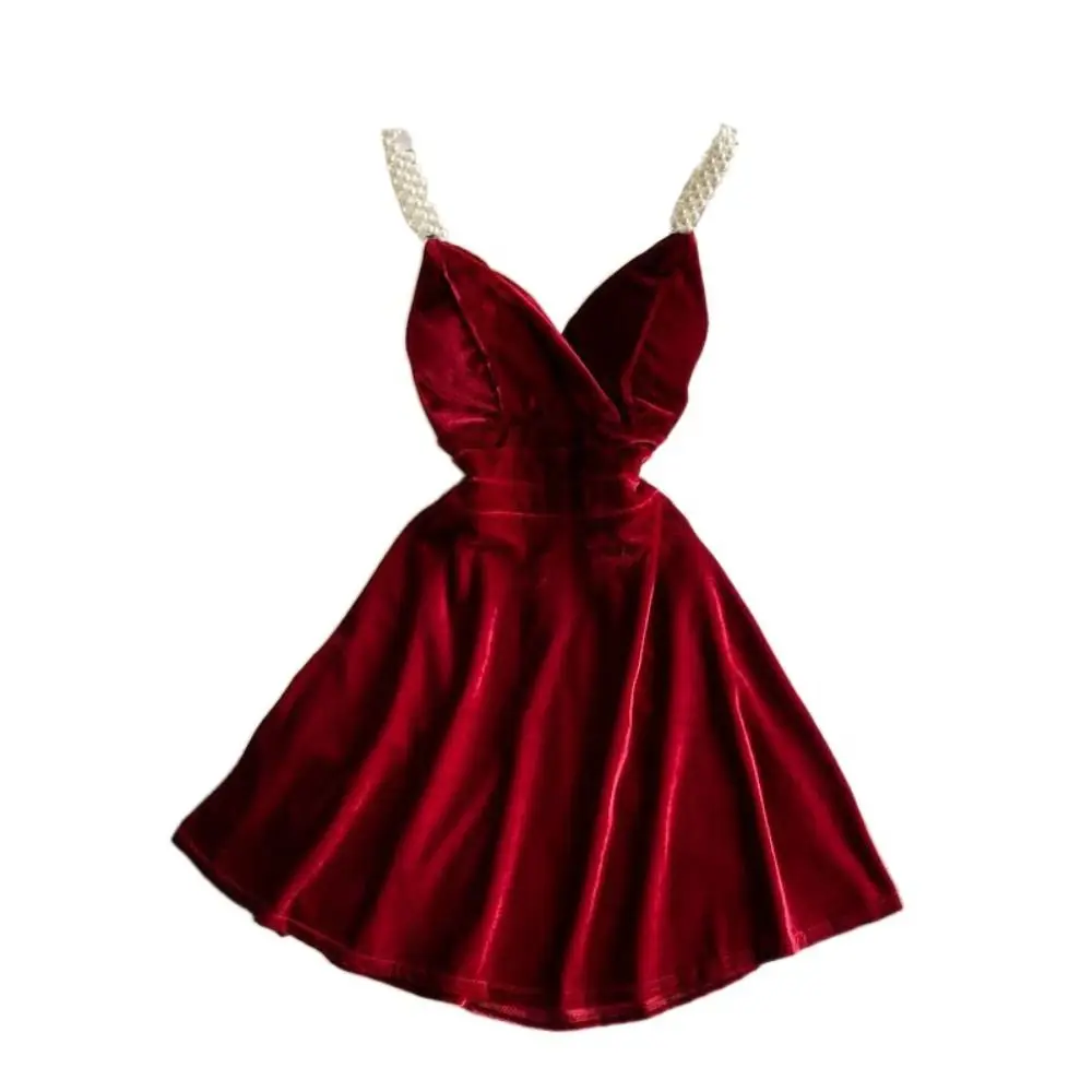 Elegant Pearl Strap Velvet Slim Sling Dress High Waist Thin Velvet Princess Dress Sleeveless V-neck Chelly Gold Dress Party