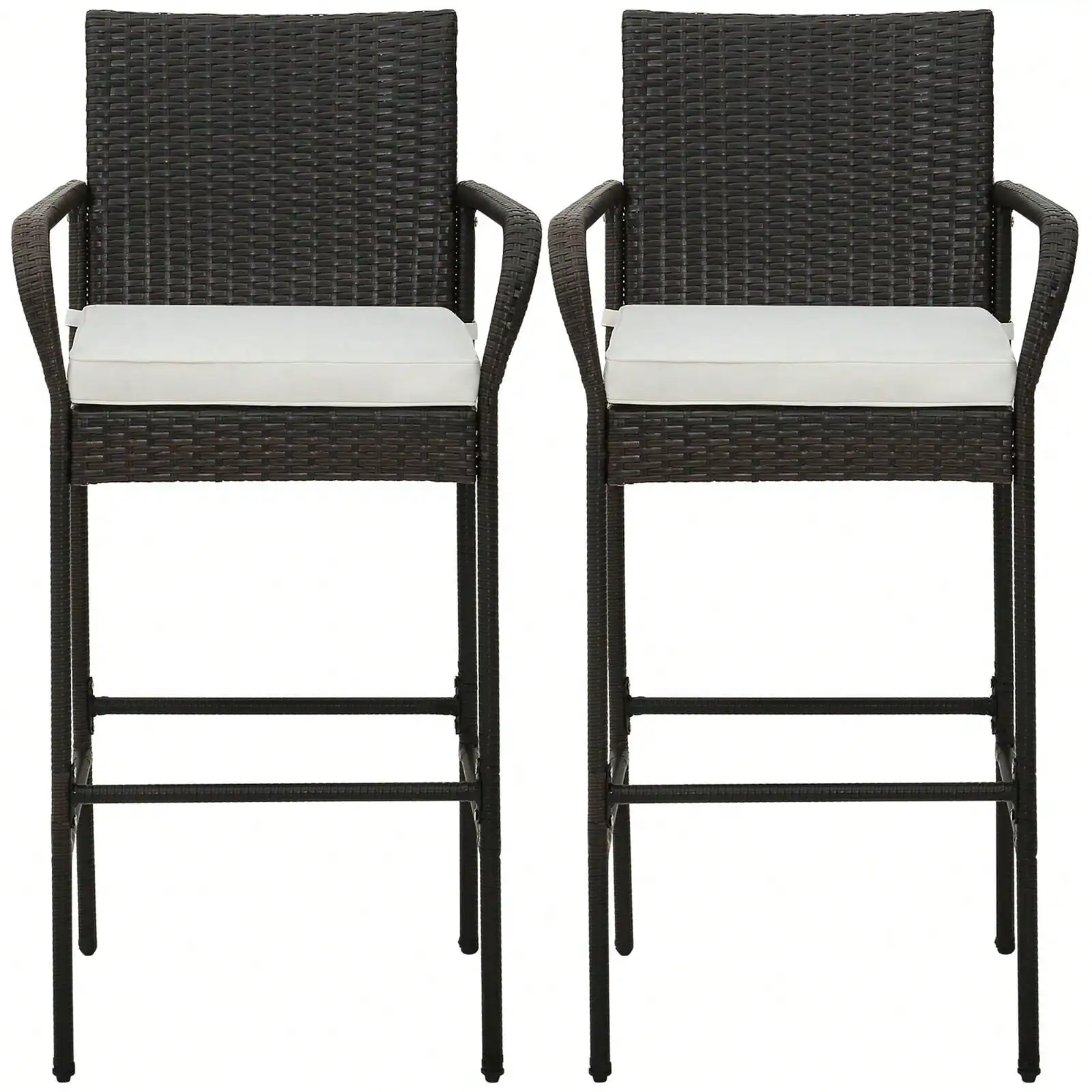 

Set of 2 Wicker Bar Stools Set Outdoor High Back Counter Chairs w/ Cushions