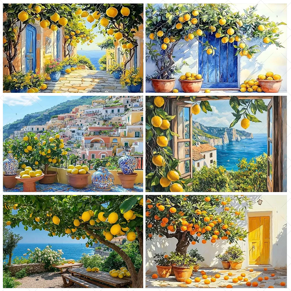 

Seaside Town Lemon Tree Background Banner Open Window Landscape Backdrop Supplies Photography Prop Birthday Party Decorations