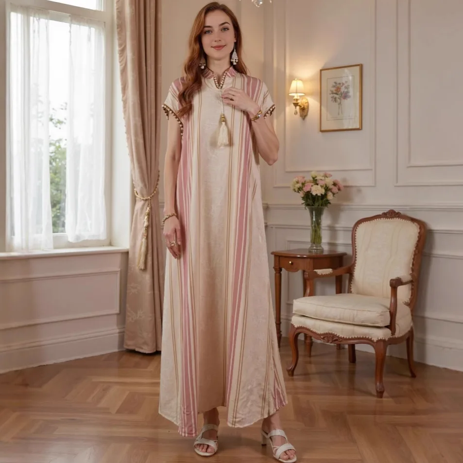 새로운 무슬림 여성 의류 여름 드레스 스트라이프 프린트 펜던트 장식 아바야 로브 아바야 라마단 두바이 럭셔리 이슬람 우아한