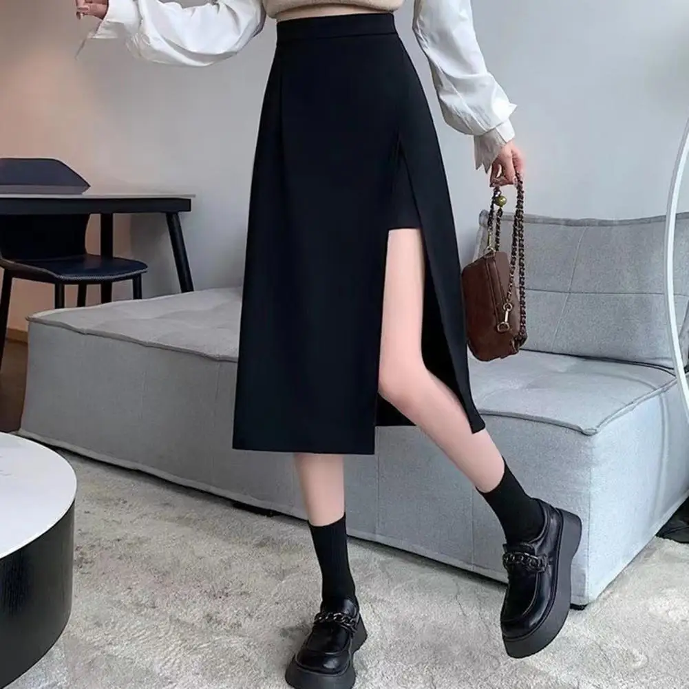 Women A-Line Hip Wrapped Skirt High Waist Side Split Hem Midi Skirt Plus Size Office Lady Long Skirt