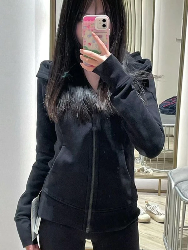 Ciemnoszara bluza z kapturem na zamek błyskawiczny w stylu amerykańskim, damska, jesienno-zimowa, sportowa, codzienna odzież uliczna, dopasowany krój, nowa kurtka/top.