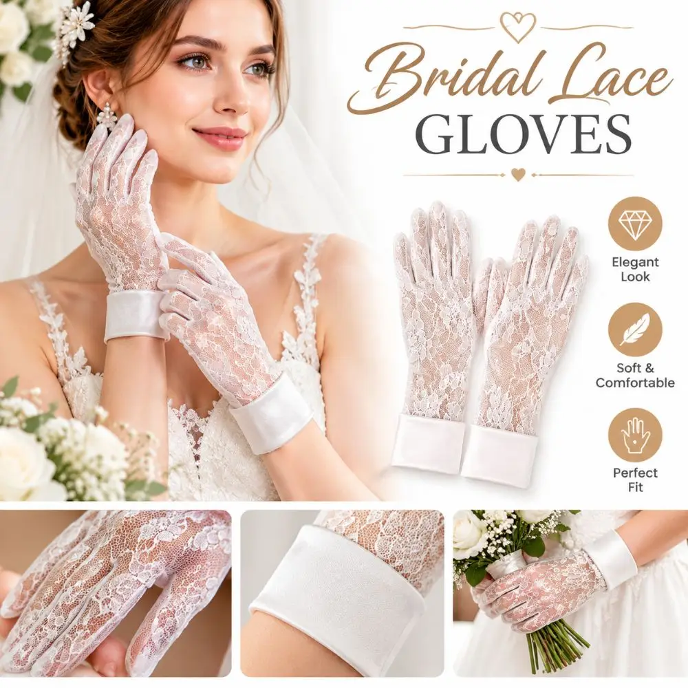 Floral Lace Bridal Lace Gloves Satin Cuff Elastic Fabric Floral Embroidery Aesthetic Gloves See Through Breathable