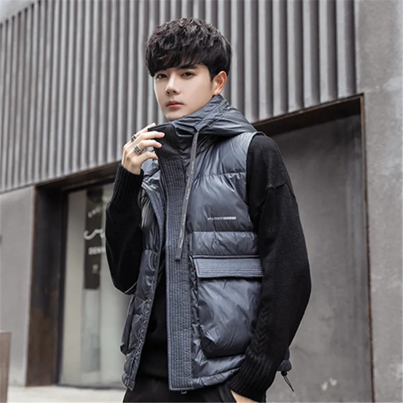 Down Vest Men Jacket Korean Fashion Warm Hooded Sleeveless Gilet Homme Autumn Winter Pocket Casual Short Waistcoat