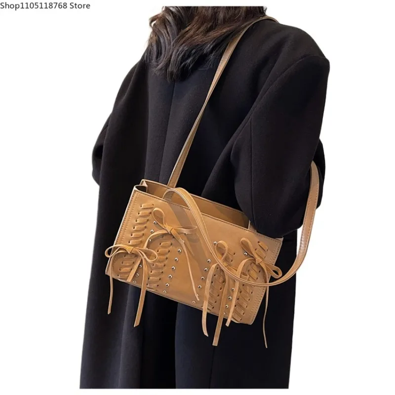 

Sense of Luxury Rivet PU Square Shoulder Bags Unique Design Bow Personality Super Cool Handbags for Women