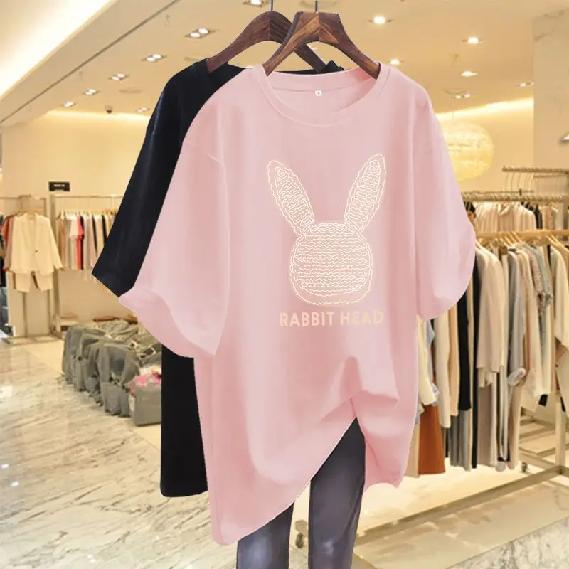Pure Cotton Round Neck Dark Green Pullover T-shirt for Women Summer Letter Rabbit Head Pattern Printed Half Sleeve Midi Tops