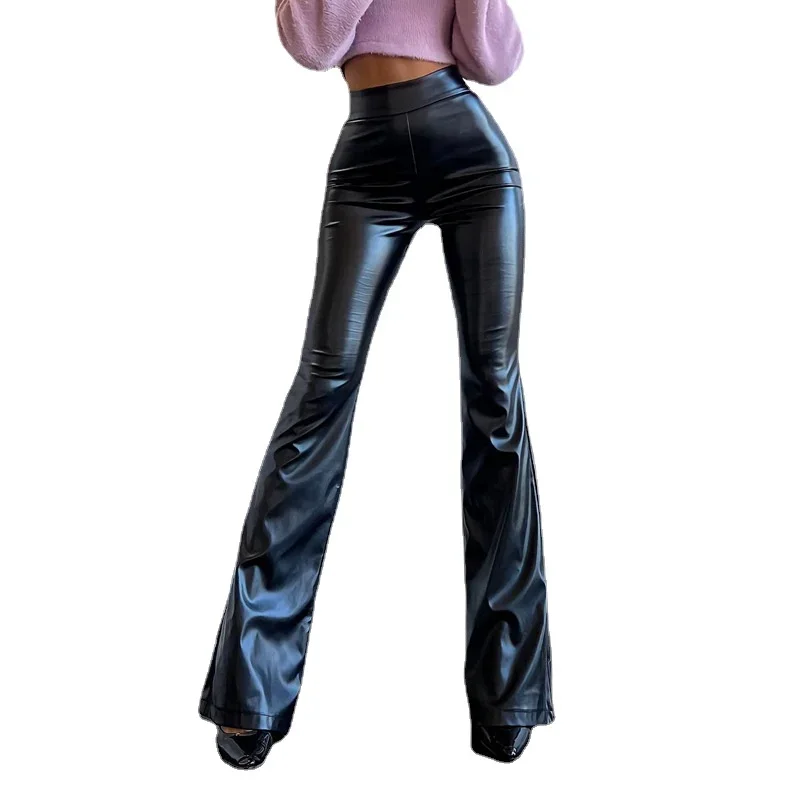 

Vintage Black Leather Pants Women Fashion Stretch High Waist Flare Pants Office Lady Elegant Slim Boot-cut Trousers New