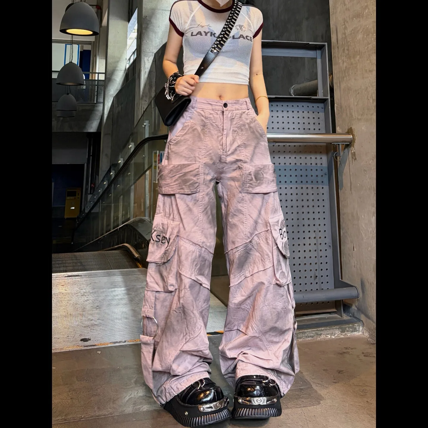 Womens Pink Embroidered Cargo Pants Ribbon Details Blackened Distressed Finish Wide Leg Trousers for Punk Dance Fashion Outfits