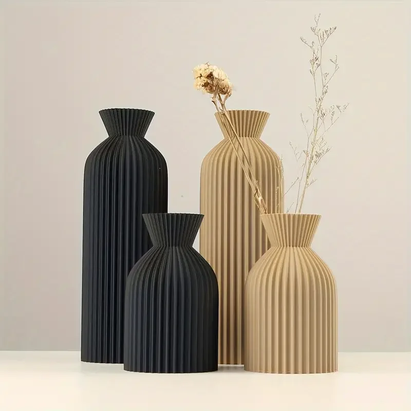 Black. Red-brown. Light tan. Plastic vase. Bohemian-style decorative item, suitable for use in homes, offices, and living rooms.