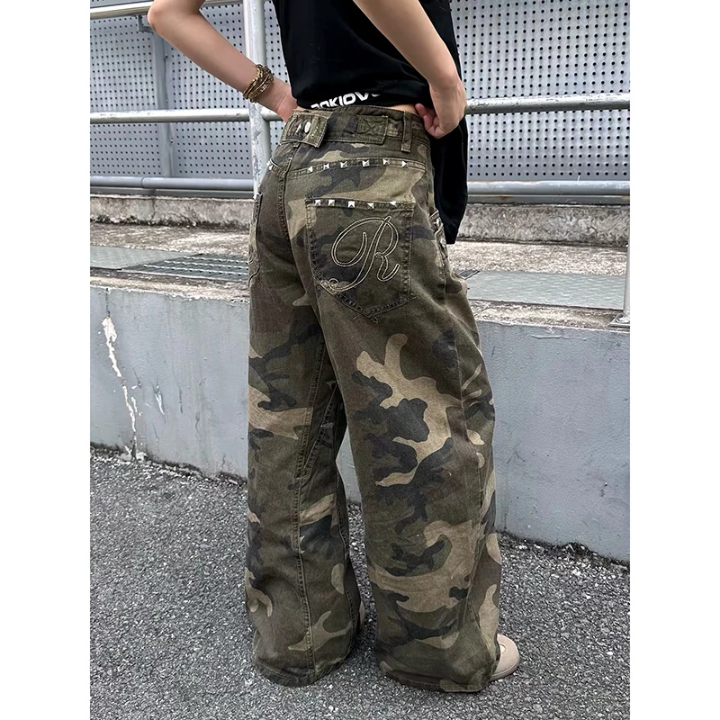 ZHIZOU Women's Jean Baggy Camouflage Wide Fit Denim Pants Boyfriend Punk Y2K Japanese Harajuku 2000s High Street American Retro