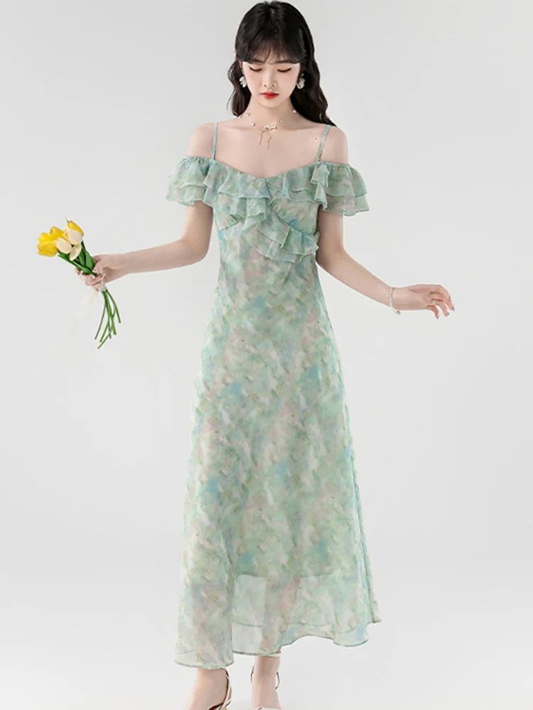2025 New Green Floral Chiffon Chic Ruffled Casual Sling Dress Summer Elegant Bodycon Beach Dresses Women Korean One Piece Dress