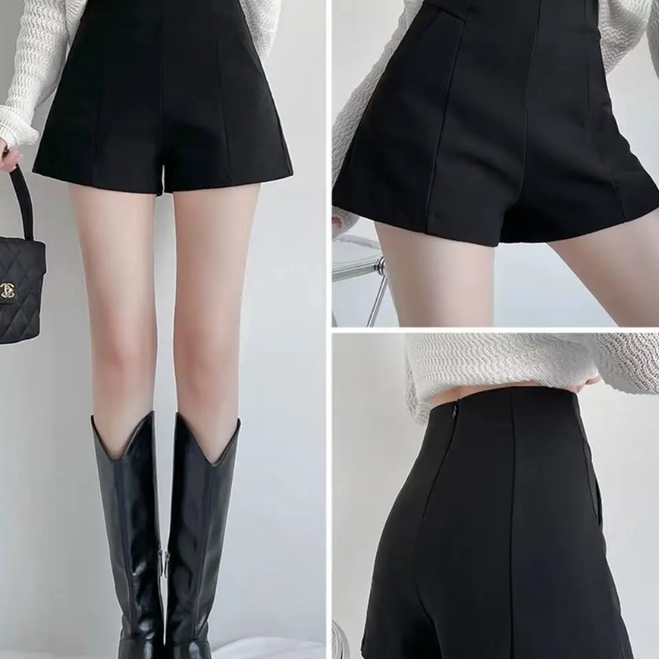Letnie Nowe Szorty Casualowe Czarne z Wysokim Stanem, Luźne, Wyszczuplające, dla Figury Gruszki