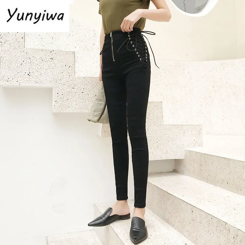 Jeans Female Denim Pants Lace up on side Womens Jeans plus siz 5XL Stretch High waist Feminino Skinny Pants For Women Trousers