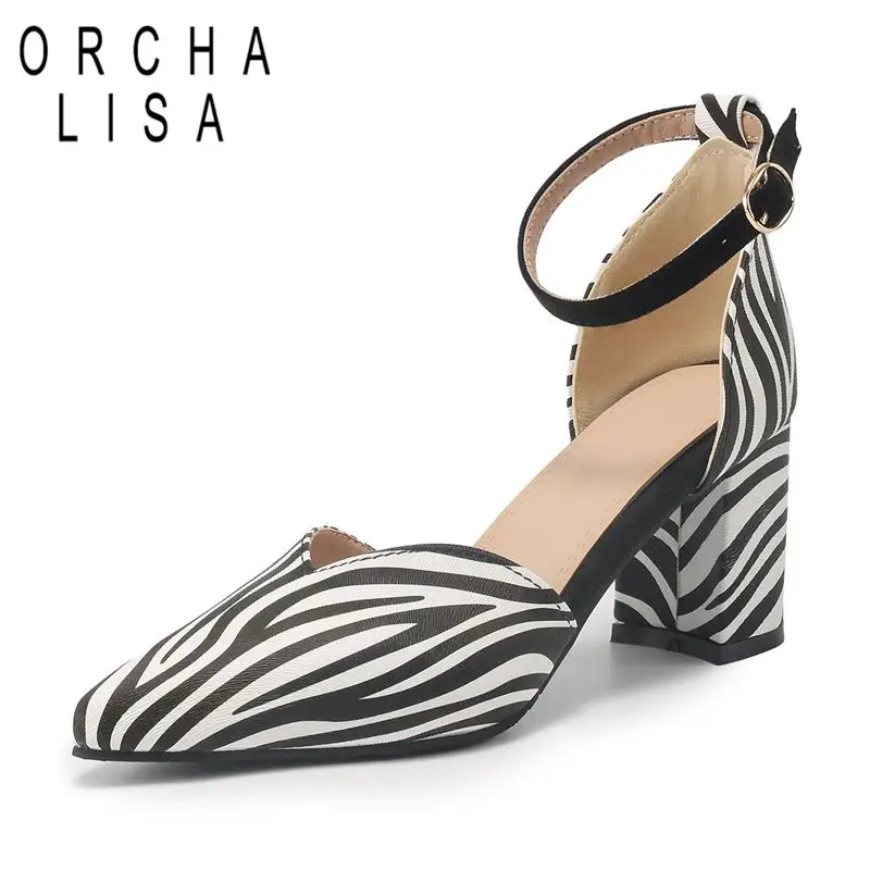 ORCHALISA Buckle Strap Mary Jane Sandals Ladies Pointed Toe Chunky Heel Mixed Tone Dating Footwear Sizes 40 41 42 43