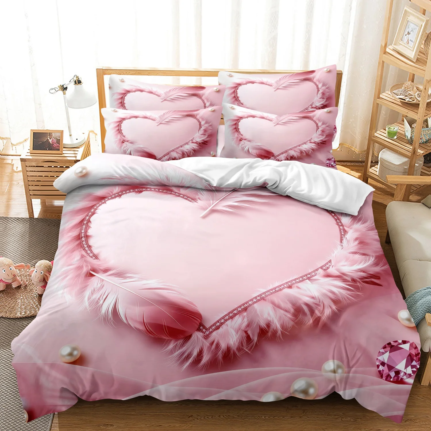 

Роскошный комплект постельного белья из 3 предметов: романтический розовый дизайн с сердечками, жемчугом и стразами, мягкий и комфортный, для дома и общежития, на все сезоны