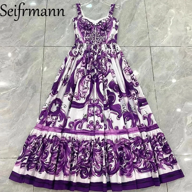 Seifrmann Baroque print Slim Ball Gown Dress Spaghetti Strap Backless Pleated Splicing Casual Holiday A-Line Cotton Dresses