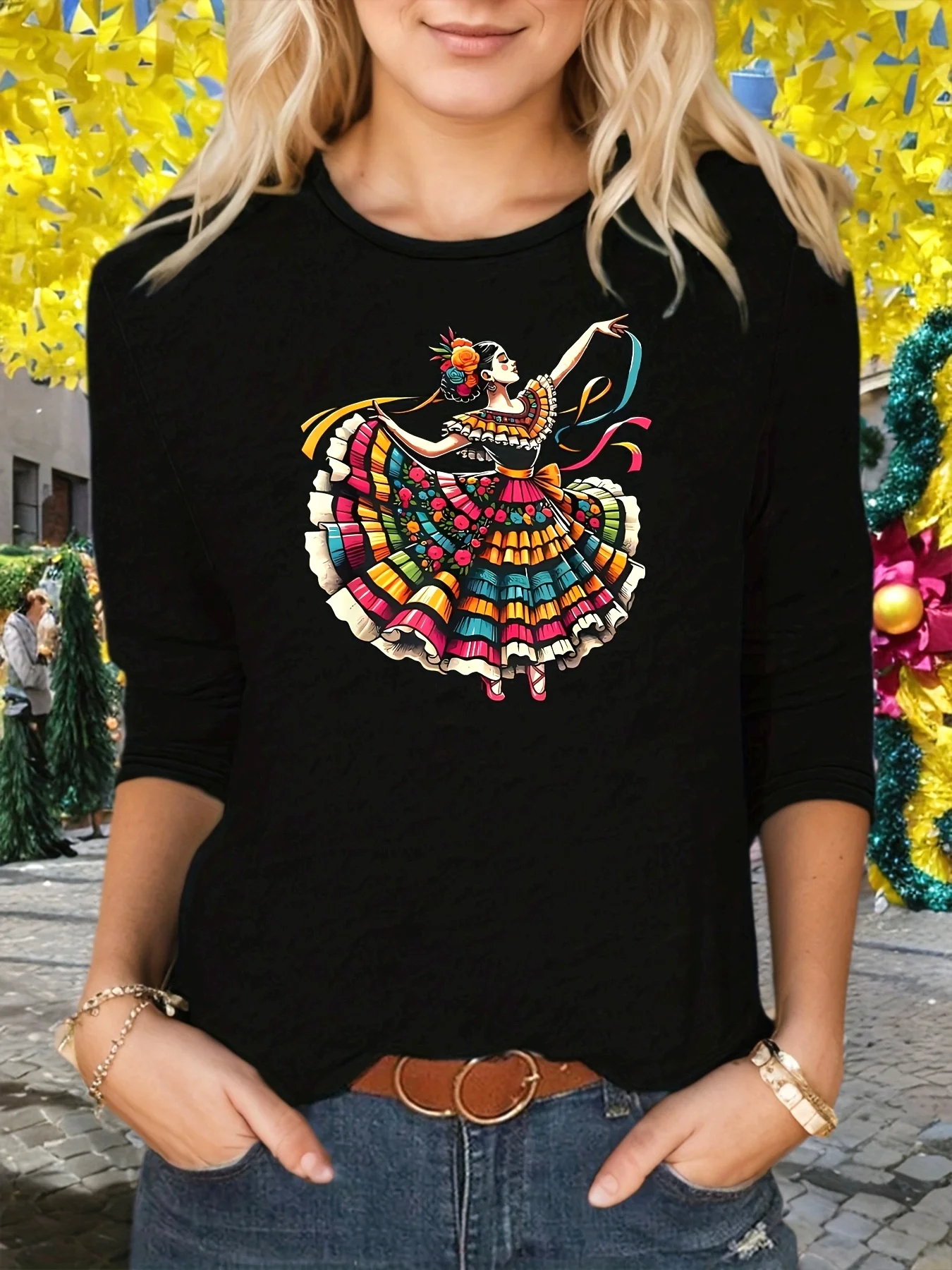Women's Long Sleeve T-Shirt Traditional Mexican Lady Dance Monogram Print Crew Neck Casual T Shirt Clothes Outfit Female Cheap