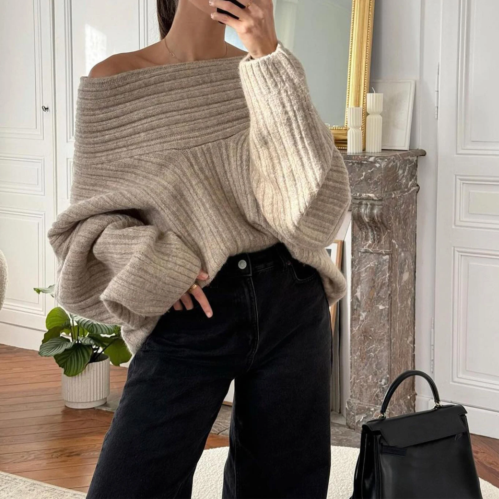 Combhasaki Women's Y2K Vintage Loose Knitted Sweaters Solid Color Long Sleeve Boat Neck Off Shoulder Pullovers Aesthetic Jumpers