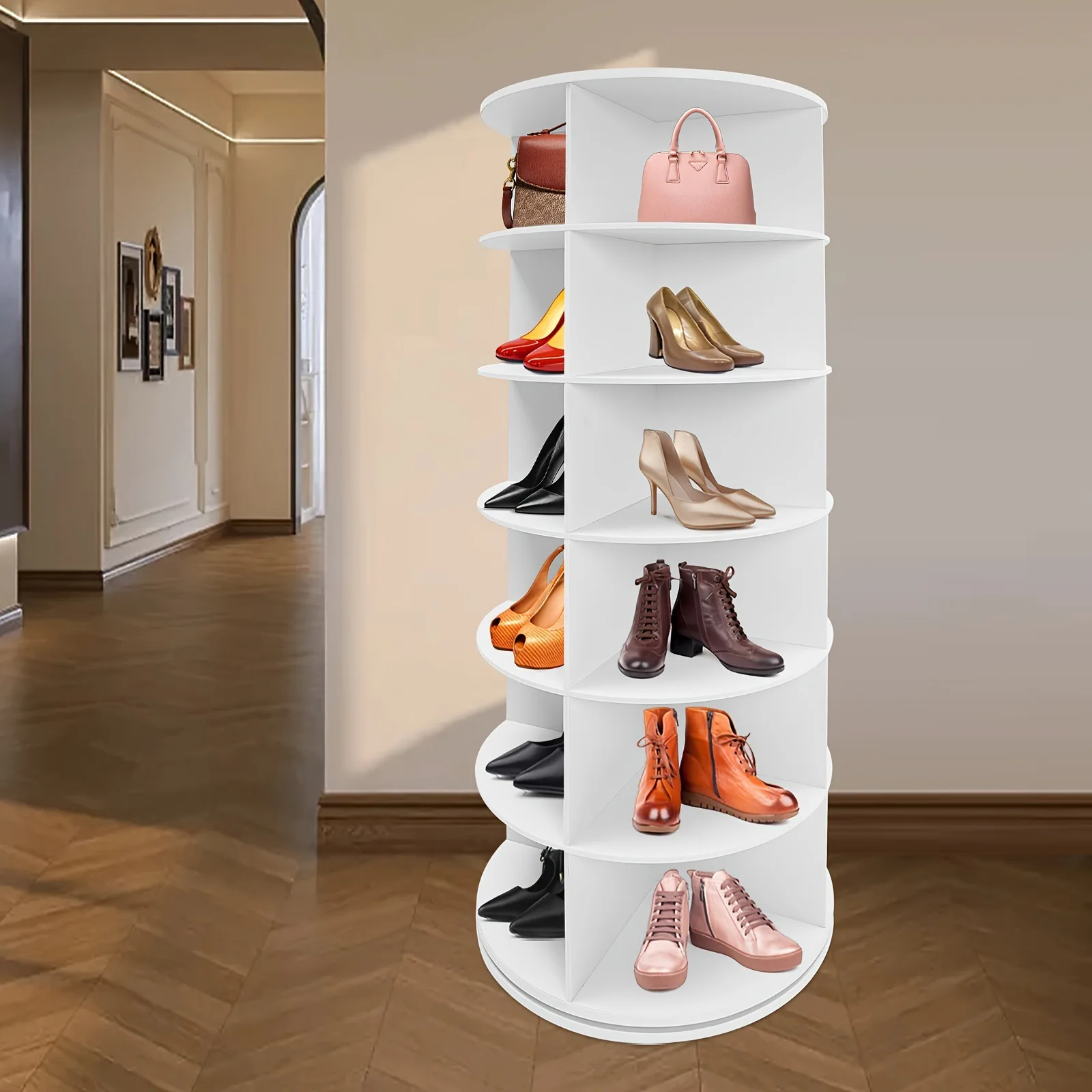 

7-Tier Wood Rotating Shoe Rack Holds 32 Pairs of Shoes 360° Spinning Space-Saving Easy To Assemble Shoe Cabinet