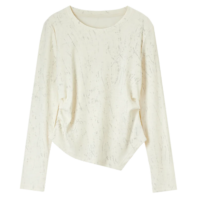 SENTUBILA القطن تي شيرت مطبوع المرأة طيات غير النظامية محبوك الجولة الرقبة طويلة الأكمام بسيطة المحاصيل القمم 2025 ربيع 151T58434