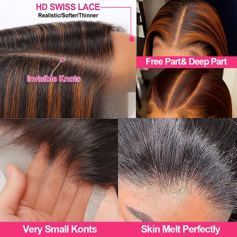 #4/350 Highlight Ginger Brown Short Bob Wig Human Hair Straight 13x4 HD Transparent Lace Frontal Wig Colored 5x5 Glueless Wig - Image 5