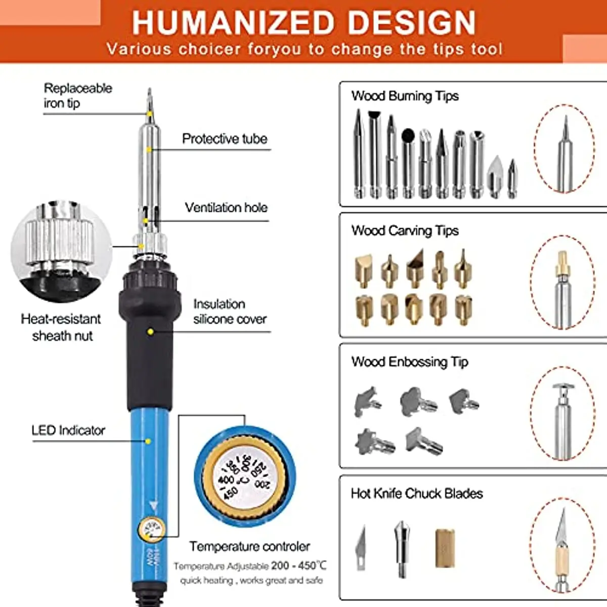60W Electric Soldering Iron Carving Pyrography Tool Wood Burning Embossing Soldering Pen Set Temperature Adjustable