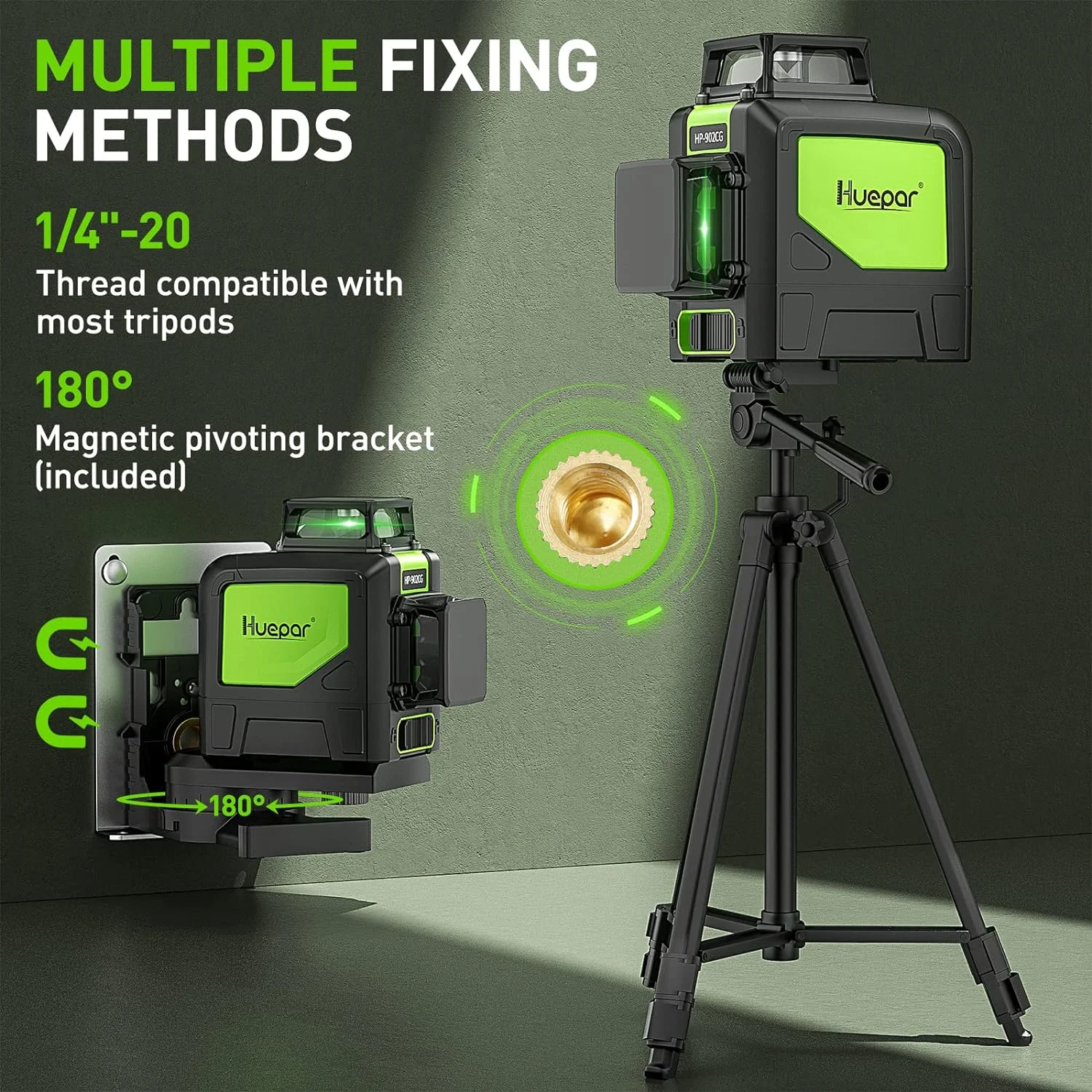 Huepar 902CG Self-Leveling 360° Cross Line Laser Level with Pulse Mode Switchable Horizontal and Vertical Green Beam Laser Tool