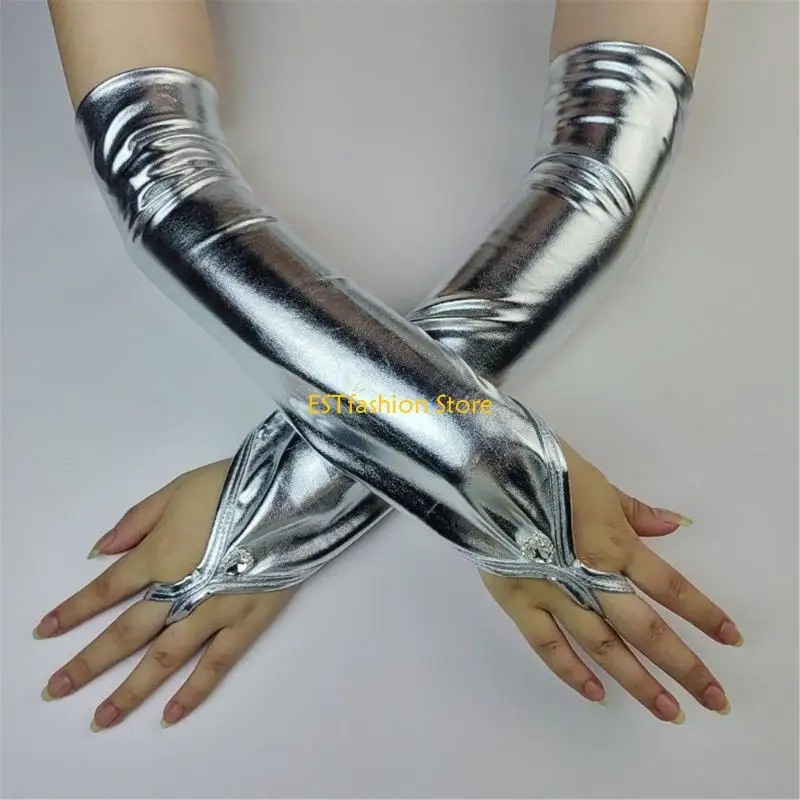 

Y5GC Long Fingerless Gloves Night Club Gloves Glossy Leather Arm Sleeves for Parties