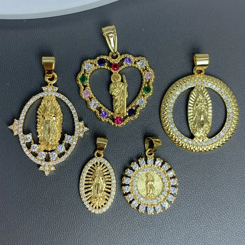 

Exquisite Golden Geometry Heart Our Lady Guadalupe Pendants Zircon Virgin Mary Statue For Religion Necklace Jewelry Accessories