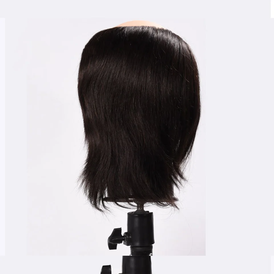 Cabeza de maniquí masculino de cabello humano semimbarbado 100% suave, maniquí de cosmetología reutilizable, cabeza de tejido para formación en peluquería (negro)