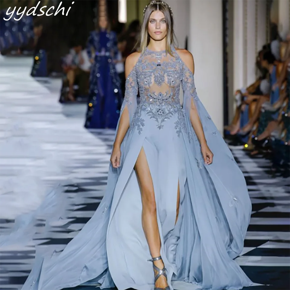 

Customized Lace Appliques High Slit Halter Neck A Line Wedding Dresses 2025 Illusion Backless Court Train Bridal Gown For Women