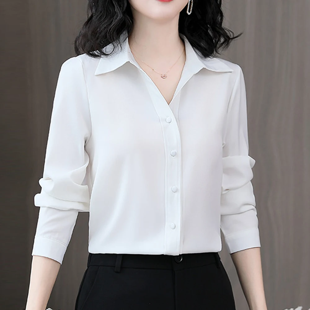 Korean Fashion Women Blouses And Shirts Elegant Long Sleeve Lapel Satin Silk Shirts Female Office Tops Blusas Mujer De Moda 2024